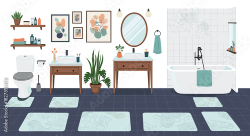 Stylish and spacious modern bathroom with twin vanity sinks, a freestanding bathtub, a toilet, potted plants, and abstract wall art.