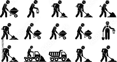 Construction worker laborer pictogram set, man digging shovel dirt, pushing wheelbarrow, heavy equipment truck hauling soil, building road infrastructure, safety hard hat icon silhouette collection.