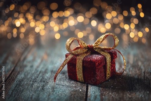 A vibrant red Christmas present with a shimmering gold bow sits on a rustic floor, glowing under twinkling tree lights, evoking a joyful holiday spirit