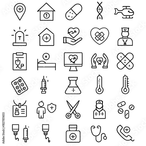 Comprehensive collection of line icons depicting medical care, health services, and patient wellness, symbolizing essential services for well-being