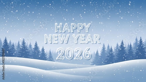 Digital illustration of a snowy landscape with pine trees and 'HAPPY NEW YEAR 2026' text in a transparent white font, suitable for New Year's greeting cards with a serene winter mood.