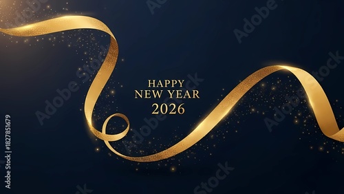 Golden ribbon with 'HAPPY NEW YEAR 2026' text on a dark blue background with sparkles, suitable for celebrations and festivities.