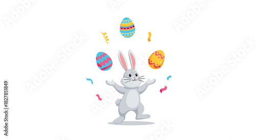 A cheerful cartoon Easter bunny character juggles colorful patterned eggs and festive confetti, celebrating the spring holiday.