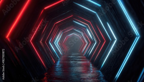 Fototapeta Naklejka Na Ścianę i Meble -  An illuminated, hexagonal tunnel with red and blue neon lights, reflecting on the wet floor