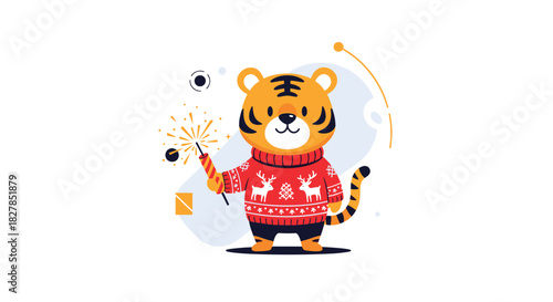 Adorable animated tiger character in a festive red sweater with reindeer, happily holding a sparkler with bright sparks.