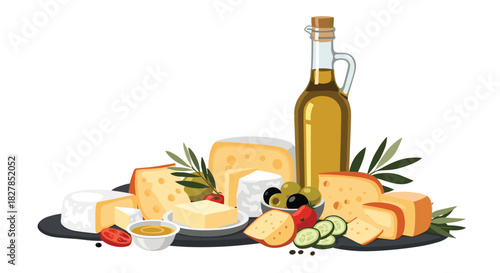 An attractive array of assorted cheeses, a bottle of olive oil, mixed olives, and fresh vegetables, beautifully presented for a healthy Mediterranean meal.