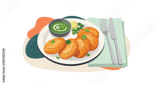 Illustrative plate of golden-brown patties with green chutney, a lemon slice, and cilantro, served alongside a fork and knife on a green napkin.