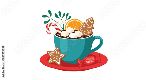 Festive hot chocolate in a teal mug with marshmallows, candy cane, gingerbread cookies, and an orange slice on a red saucer.