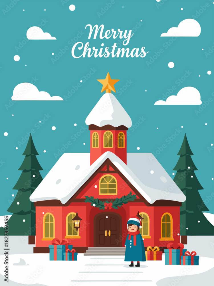 Fototapeta premium Festive illustration of a red church with Christmas decorations, surrounded by snow-covered trees and gift boxes, perfect for holiday greetings