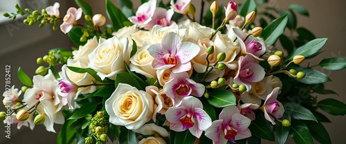 Opulent ivory roses, cascading orchids, lush greenery in elegant arrangement,  aisle,  impressive