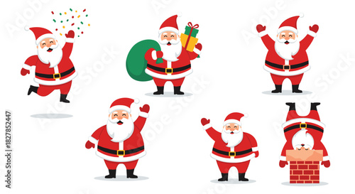 A set of cheerful Santa Claus illustrations showing various festive actions and poses, ideal for Christmas and holiday season designs.