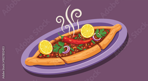 A steaming, savory Turkish Pide boat filled with seasoned ground meat, garnished with fresh lemon, chili, and herbs, served on a purple plate.