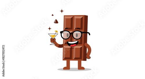 A cheerful, anthropomorphic chocolate bar character wearing glasses holds a cocktail, celebrating happily amidst sparkling chocolate drops.