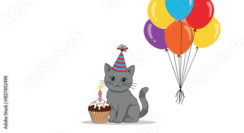 Adorable grey cat celebrating its birthday, wearing a striped party hat next to a cupcake with a lit candle, with colorful balloons floating nearby.