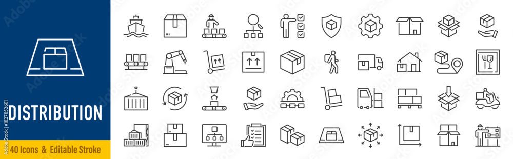 Obraz premium Distribution web icons in line style. Supply chain, cargo, ship, logistic, delivery, truck, commerce. Editable stroke. Vector illustration.