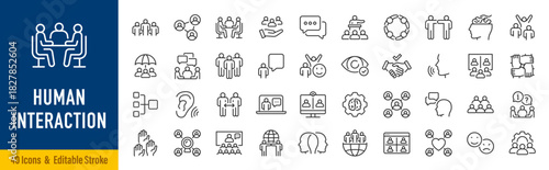 Human Interaction web icons in line style. People, communication, chat, relationships, meeting, group, friends. Editable stroke. Vector illustration.