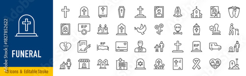 Funeral and death web icons in line style. Church, bible, coffin, gravestone, burial, flower. Editable stroke. Vector illustration.