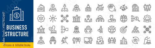 Business structure web icons in line style. Management, company, teams, finance, governance, strategy, hierarchy, productivity, employees, corporation, workers. Editable stroke. Vector illustration.