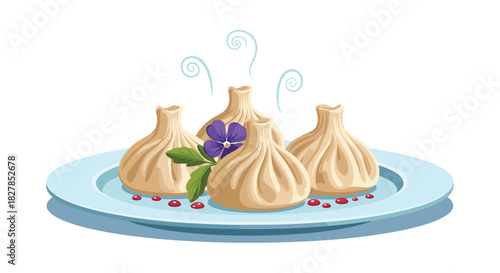 A delicious plate of traditional Georgian khinkali dumplings, garnished with a vibrant purple flower and steaming hot, ready to be enjoyed.
