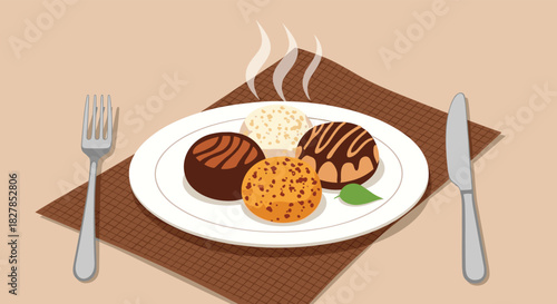 An inviting illustration showcasing a plate of four steaming desserts with various flavors and textures, elegantly served with a fork and knife.