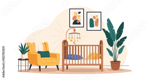 An illustration of a serene and modern nursery room featuring a wooden crib, a cozy yellow armchair, decorative plants, and abstract wall art.
