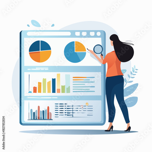 Business Analyst Woman Girl Reviewing Data Charts Vector Illustration