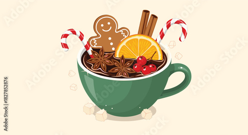A cozy green mug brimming with a festive hot drink, adorned with a gingerbread man, candy canes, orange slice, and spices, perfect for winter holidays.