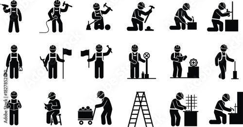 Construction workers stick figures black icons set: manual labor industry, building, engineering, maintenance, repair, and skilled tradesmen jobs in various poses and actions.