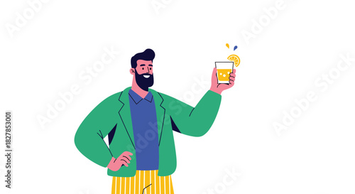 A cheerful bearded man in a green jacket and striped pants holds up a refreshing glass of lemonade with a lemon slice and splashes.