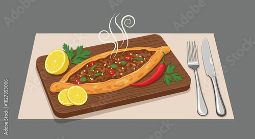 Delicious Turkish Pide with minced meat, fresh herbs, and lemon, served hot on a wooden board with cutlery, a traditional Middle Eastern dish.