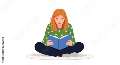 A peaceful young woman with ginger hair sits comfortably cross-legged on a cozy rug, intently reading a captivating blue book.