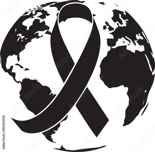 World aids day symbol black ribbon over globe united against disease awareness
