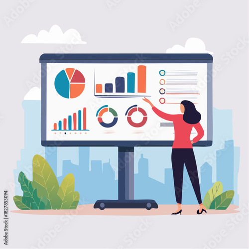 Business Analyst Woman Girl Reviewing Data Charts Vector Illustration