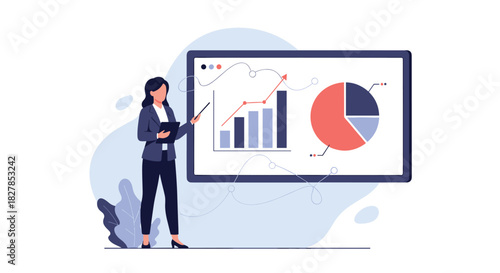 Businesswoman presenting data analysis and financial trends using charts on a large display for a corporate meeting.