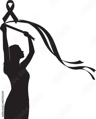 World aids day silhouette woman raising red ribbon flag symbol of hope and awareness