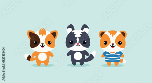Three adorable cartoon characters, including a patched cat, a skunk-like animal, and a striped creature, against a light blue background.