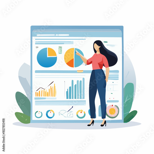 Business Analyst Woman Girl Reviewing Data Charts Vector Illustration
