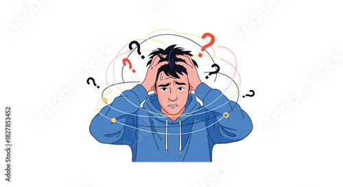 A young man looking deeply confused and stressed, holding his head amidst swirling question marks, representing mental pressure and complex decisions.