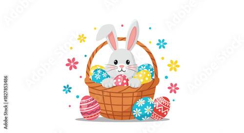 Cute Easter bunny in a woven basket surrounded by colorful decorated eggs and playful spring flowers on a white background.
