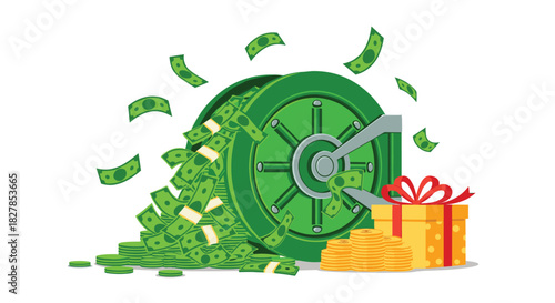 A large green safe overflows with stacks of cash, while gold coins and a festive gift box sit nearby, representing financial success and bonus rewards.