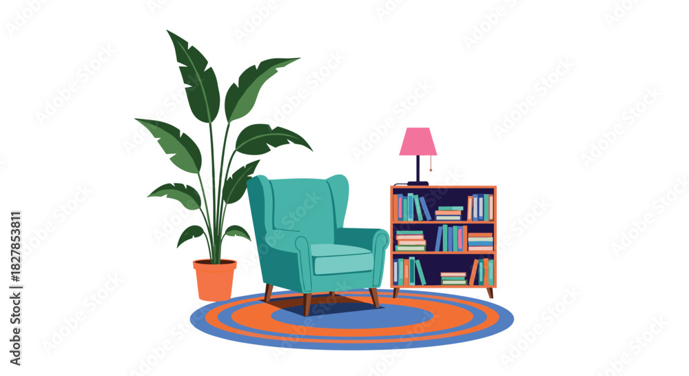 Fototapeta premium A cozy reading nook setup with a teal armchair, a houseplant, a bookshelf full of books, and a pink lamp on a colorful patterned rug.
