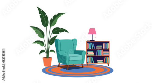 A cozy reading nook setup with a teal armchair, a houseplant, a bookshelf full of books, and a pink lamp on a colorful patterned rug.