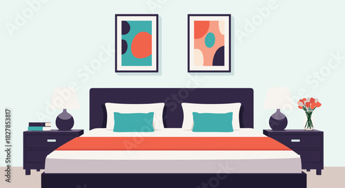 A modern bedroom interior illustration with a comfortable bed, bedside tables, lamps, abstract wall art, and colorful bedding.