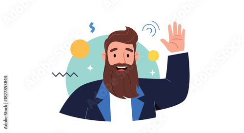 A friendly, smiling bearded man in a suit jacket waves hello, surrounded by abstract shapes, conveying a welcoming and positive gesture.