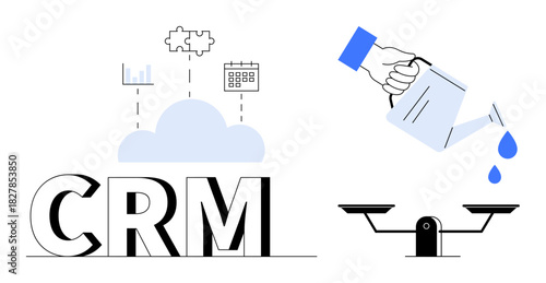 CRM with cloud, chart, puzzle, calendar icons, hand watering scale. Ideal for business management, productivity, growth balance teamwork strategy innovation. Simple flat metaphor