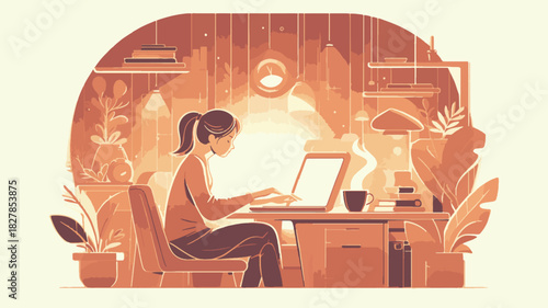 Concentrated Female Worker Typing on Laptop at Desk in Warm Monochromatic Home Office