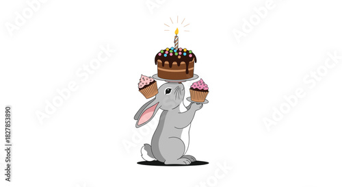 An adorable grey rabbit balances a festive birthday cake with a lit candle on its head and two pink-frosted cupcakes.