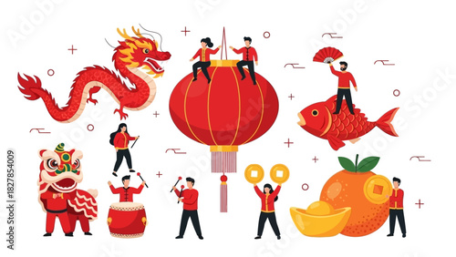 Vibrant illustration of Chinese New Year celebration with traditional symbols like dragon, lantern, lion dance, drums, fish, gold ingots, and oranges.