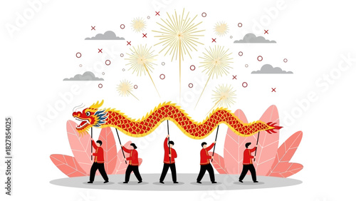 A vibrant illustration of a traditional Chinese dragon dance with people performing under a sky filled with festive fireworks.
