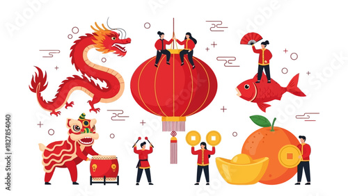 Vibrant illustration of Chinese New Year celebration elements including dragon, lantern, lion dance, fish, and traditional symbols.